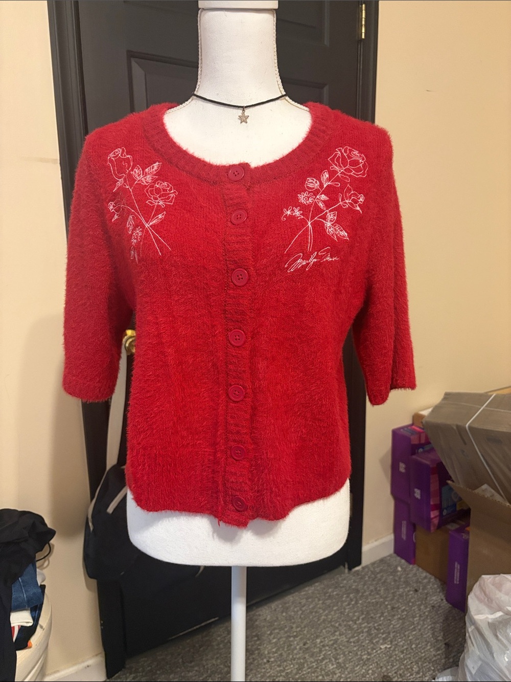 torrid Red Short-Sleeve Embroidered Button Cardigan